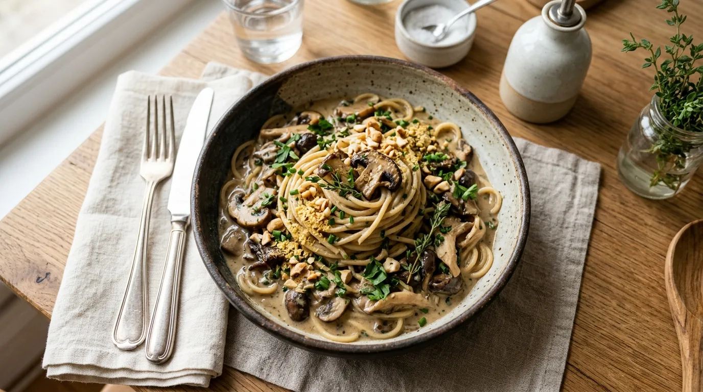 Vegan Kremalı Mantarlı Spagetti (Kaju Kreması ile)