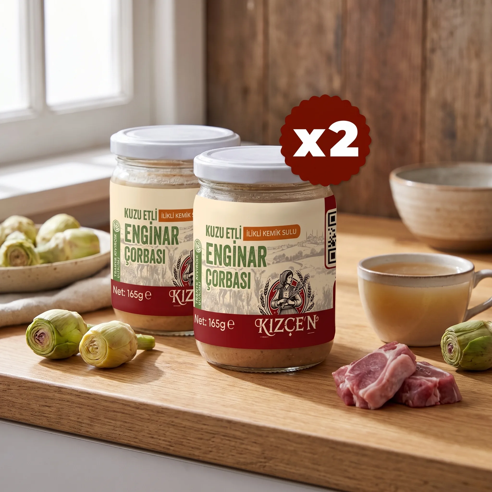 Bebekler İçin Doğal Lezzet: Kızçen Kuzu Etli İlikli Kemik Sulu Enginar Çorbası (2x165 gr) - Pratik ve Besleyici