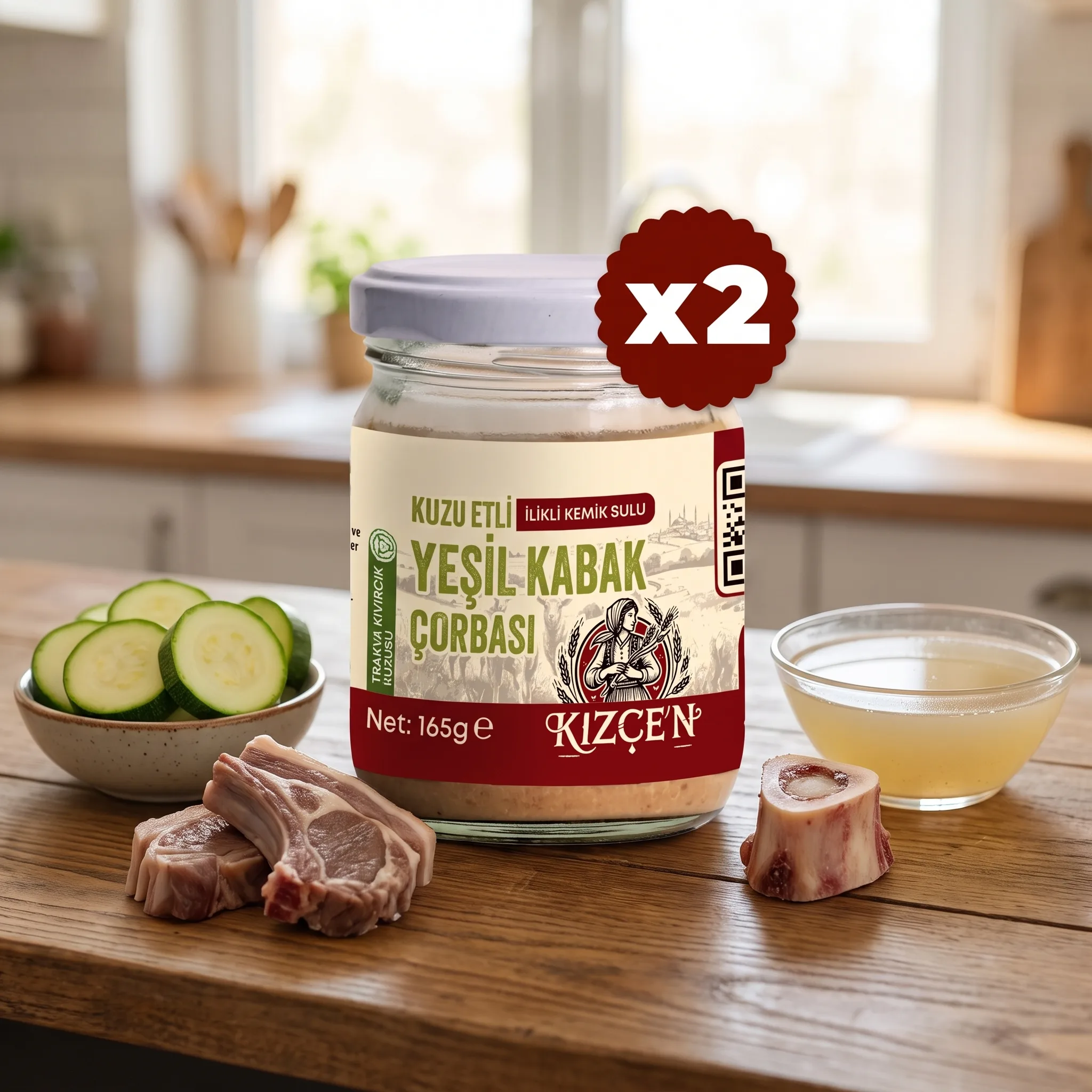 Kızçen Kuzu Etli İlikli Kemik Sulu Yeşil Kabak Çorbası 2'li Paket (2x165g) - Bebekler İçin Doğal ve Besleyici Lezzet